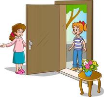 niña dando la bienvenida a los invitados en la puerta vector