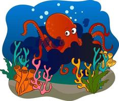 vector illustration of red octopus throwing ink underwater