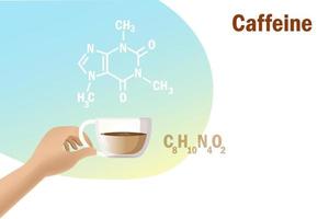 mano sosteniendo una taza de café con estructura molecular de fórmula esquelética de cafeína. Investigación en educación en química y ciencias biológicas sobre el café, concepto de ciencia de los alimentos. vector