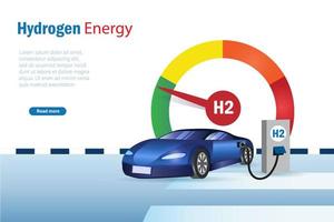 H2 car on hydrogen gas stations fuel dispenser. Green H2 alternative sustainable fuel and energy for eco friendly transport and carbon emission free. vector