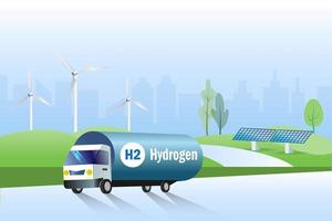 Hydrogen truck on road transport H2 Hydrogen fuel to gas stations. Clean hydrogen energy for renewable fuel, alternative sustainable energy, fuel for future industry vector