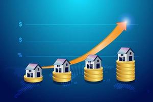 casa en la pila de monedas de oro con el precio del gráfico en aumento. concepto de mercado inmobiliario, inflación económica, costo de construcción de viviendas, crecimiento del precio del servicio de seguros de vivienda vector