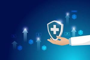 Doctor hand holding medical shield with growth graph in medical and health insurance business. vector