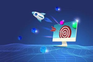 Rocket launching with dart hit on red target in computer in futuristic space background. New business success and achievement in marketing target. vector