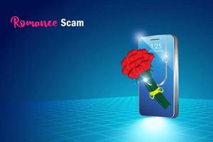 Romance scam, online dating phishing scam. Red roses bouquet with phishing hook on smartphone for woman fraud chatting. Cyber crime and attack on woman.Mobile vector