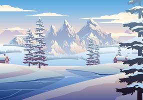 Winter Village And Mountains Landscape Illustration vector
