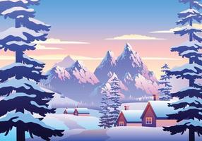 ilustración de paisaje de invierno nevado con casa, pinos y montañas vector