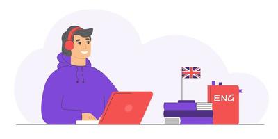 Distance learning, online learning. Man using a laptop for learning a foreign language. Cartoon smiling man learning english. vector