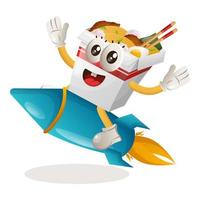 Cute ramen mascot flying on rocket