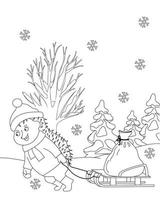 Hedgehog carries a bag of gifts on a sleigh vector