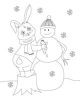 Rabbit trying to put down snowman's carrot nose. vector