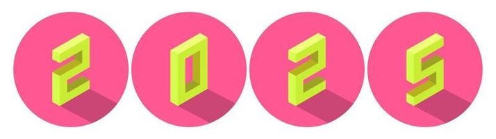 New Year yellow color 2025 in pink circle design. Isometric style. vector