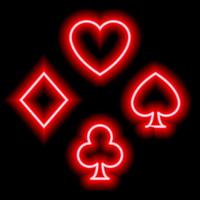 Red neon symbols of card suits. Hearts, diamonds, clubs, spades. Suit icons vector