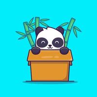 Cute Panda In Box With Bamboo Cartoon Vector Icon Illustration. Animal Nature Icon Concept Isolated Premium Vector. Flat Cartoon Style