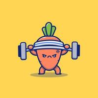ilustración de icono de vector de dibujos animados de barra de elevación de zanahoria lindo concepto de icono de deporte y vegetales vector premium aislado. estilo de dibujos animados plana