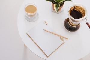 Breakfast with chocolate cake and coffee served on a beautiful living home photo