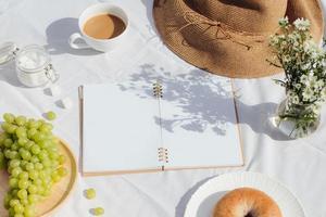 breakfast with coffee bread and fruit photo