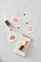 Love valentine together happy affection concept with lipstick and lipstick kiss mark photo