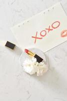 Mock-up background. Notebook with Marble Background. XOXO. Glamour style. Flat lay. Red lips. photo