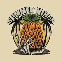 vintage style skull and pineapple design illustration with palm tree with summer vibes text vector