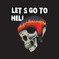 skull head illustration with fire helmet with text let's go to hell vector