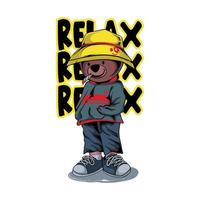 cool teddy bear illustration with relax text on white background vector