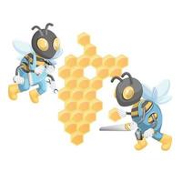 Vector image of bees in construction uniform with tools that build a house. Cartoon style. Isolated on white background. EPS 10
