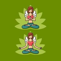 Girl with wings doing yoga in lotus cartoon set illustration, flat design style vector