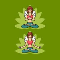 Girl with wings doing yoga in lotus cartoon set illustration, flat design style vector