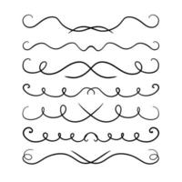 A set of symmetrical vector dividers with swirls, hand-drawn with a black line, isolated borders for a design template
