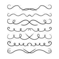 A set of symmetrical vector dividers with swirls, hand-drawn with a black line, isolated borders for a design template