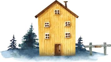yellow wooden house in cartoon style on the background of nature, watercolor illustration. vector