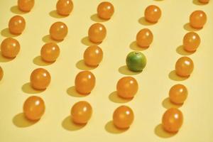 Seamless pattern with tomatoes and Calamondin or citrus microcarpa. Abstract background. Tomato on the yellow background photo