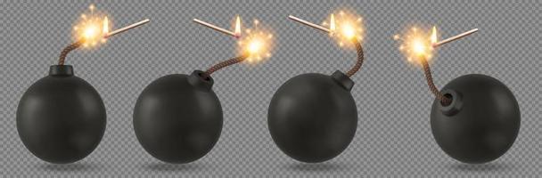 Black bombs with burning fuse, matches with fire vector