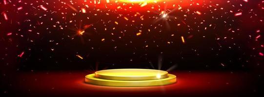 Golden podium with falling confetti, 3d background vector