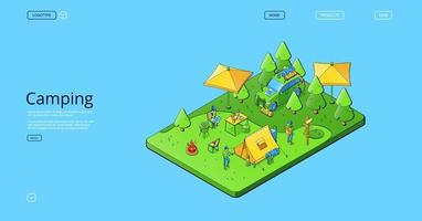 Camping isometric landing page, summer camp banner vector