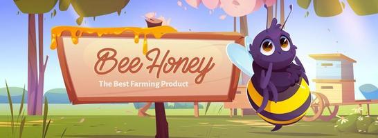 Banner with cute honey bee near wooden signboard vector