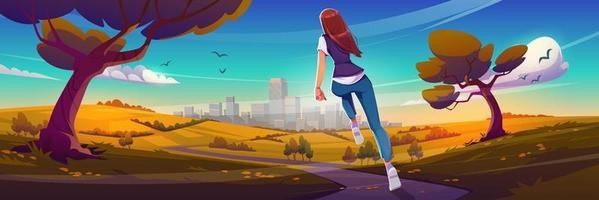 Young girl jogging in autumn park, healthy life vector