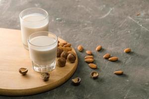 Glasses of milk Macadamia and Almond. Top view. photo