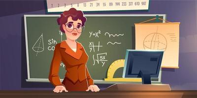 School teacher stand in classroom at blackboard vector