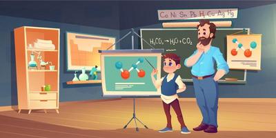 profesor y alumno aprenden química en el aula vector