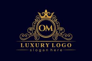 OM Initial Letter Gold calligraphic feminine floral hand drawn heraldic monogram antique vintage style luxury logo design Premium Vector