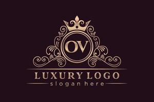 OV Initial Letter Gold calligraphic feminine floral hand drawn heraldic monogram antique vintage style luxury logo design Premium Vector