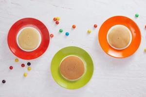 Creative breakfast for children on white background, top view photo