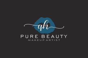 diseño de logotipo prefabricado inicial de labios de acuarela qh, logotipo para marca comercial de artista de maquillaje, diseño de logotipo de boutique de belleza rubor, logotipo de caligrafía con plantilla creativa. vector