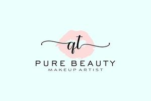 diseño de logotipo prefabricado inicial de labios de acuarela qt, logotipo para marca comercial de artista de maquillaje, diseño de logotipo de boutique de belleza rubor, logotipo de caligrafía con plantilla creativa. vector