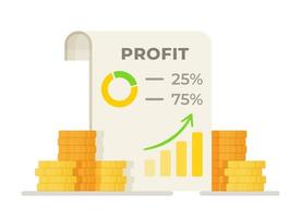 Vector illustration of a success chart. Beautiful design of profit stats with a wallet full of money, stacks of coins. Income sign. Investment. Benefit.