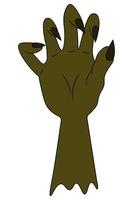 A stump of a zombie hand. Curved fingers with sharp claws. Dead man's green hand. Colored vector illustration. Cartoon style. Halloween symbol. Decoration for All Saints Day.