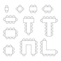 Table seating plan line icon set. Furniture top view blueprint. Tables and chairs schema for interior. Vector illustration