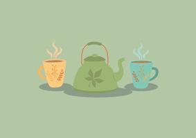 Teapot with two cups of hot tea in flat style vector